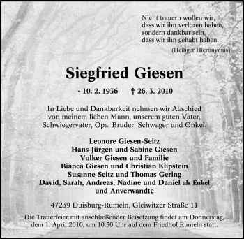 Traueranzeige von Siegfried Giesen von Tageszeitung