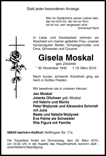 Traueranzeige von Gisela Moskal von Tageszeitung