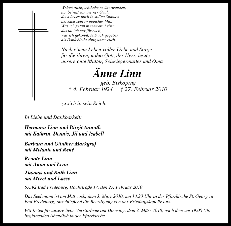  Traueranzeige für Änne Linn vom 01.03.2010 aus Tageszeitung