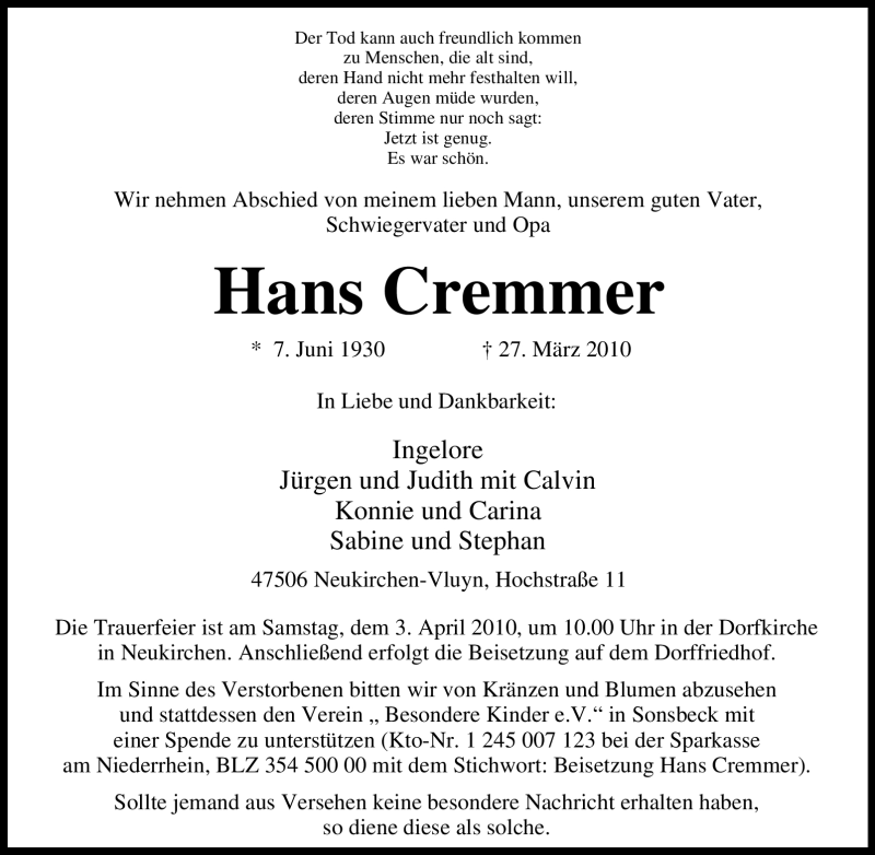  Traueranzeige für Hans Cremmer vom 30.03.2010 aus Tageszeitung