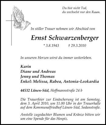 Traueranzeige von Ernst Schwarzenberger von Tageszeitung