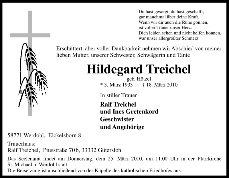  Traueranzeige für Hildegard Treichel vom 22.03.2010 aus Tageszeitung