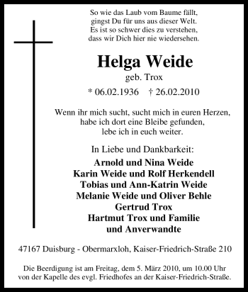 Traueranzeige von Helga Weide von Tageszeitung