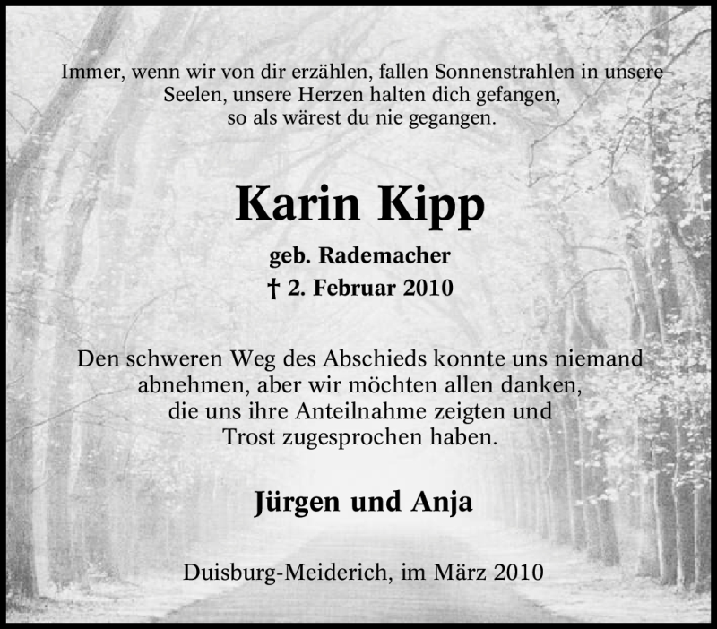  Traueranzeige für Karin Kipp vom 13.03.2010 aus Tageszeitung