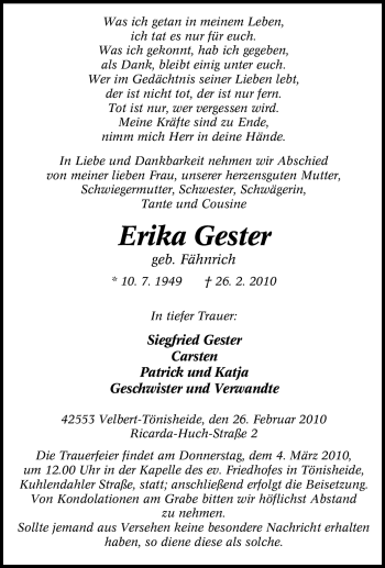 Traueranzeige von Erika Gester von Tageszeitung