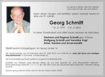 Traueranzeige von Georg Schmitt von Tageszeitung