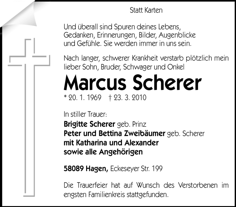  Traueranzeige für Marcus Scherer vom 31.03.2010 aus Tageszeitung