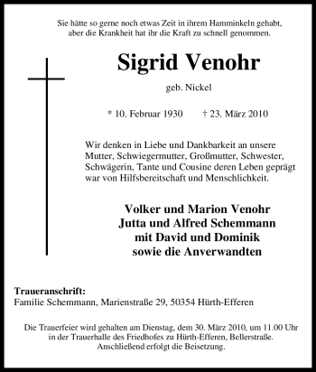 Traueranzeige von Sigrid Venohr von Tageszeitung