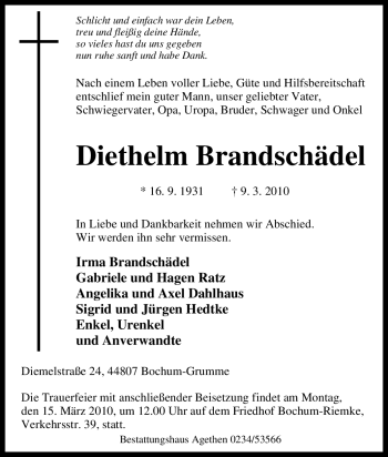 Traueranzeige von Diethelm Brandschädel von Tageszeitung