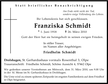 Traueranzeige von Franziska Schmidt von Tageszeitung