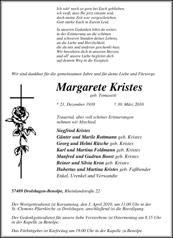 Traueranzeige von Margarete Kristes von Tageszeitung