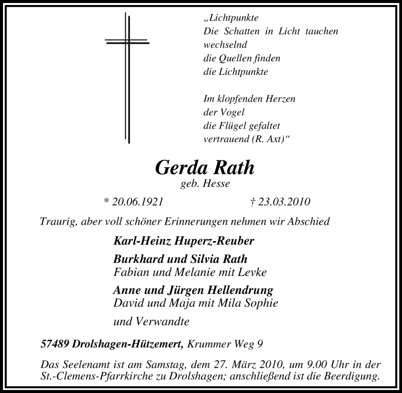  Traueranzeige für Gerda Rath vom 25.03.2010 aus Tageszeitung