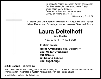 Traueranzeige von Laura Deitelhoff von Tageszeitung