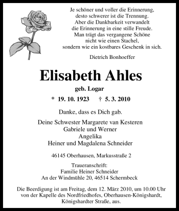 Traueranzeige von Elisabeth Ahles von Tageszeitung