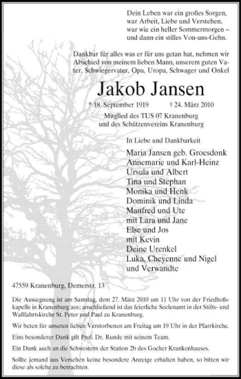 Traueranzeige von Jakob Jansen von Tageszeitung