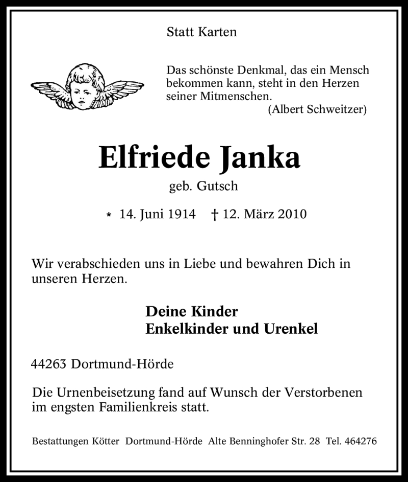  Traueranzeige für Elfriede Janka vom 31.03.2010 aus Tageszeitung