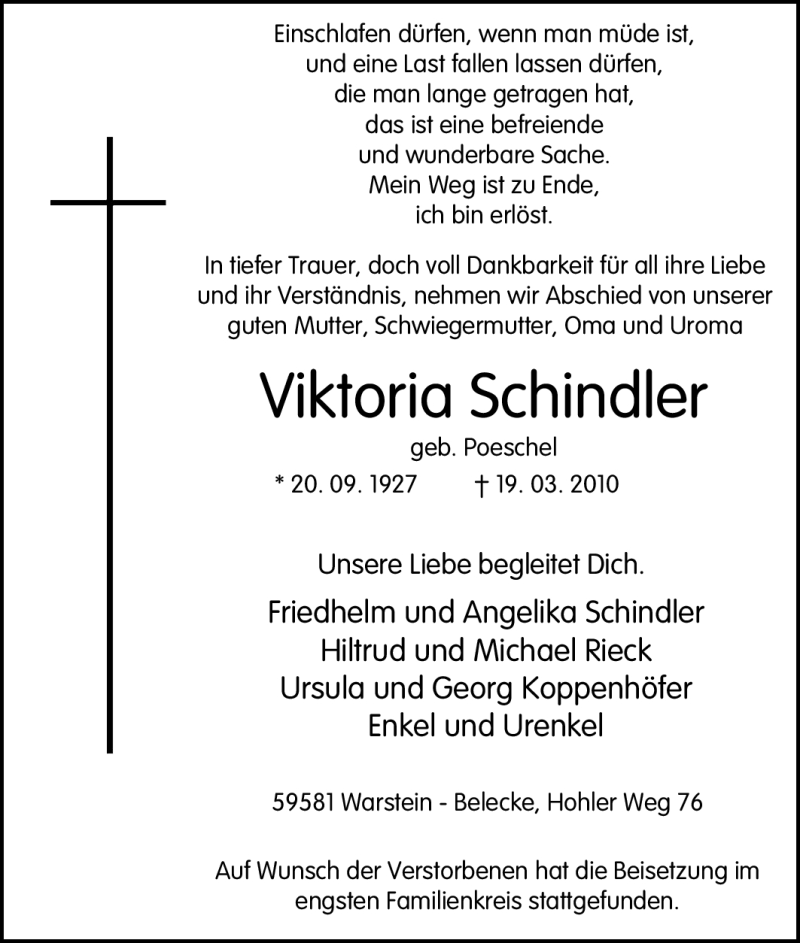  Traueranzeige für Viktoria Schindler vom 29.03.2010 aus Tageszeitung