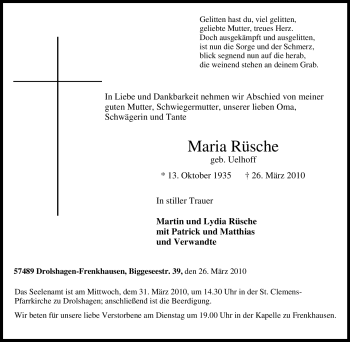 Traueranzeige von Maria Rüsche von Tageszeitung
