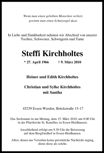 Traueranzeige von Steffi Kirchholtes von Tageszeitung