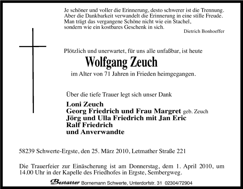 Traueranzeigen von Wolfgang Zeuch TrauerinNRW.de