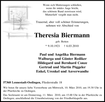 Traueranzeige von Theresia Biermann von Tageszeitung