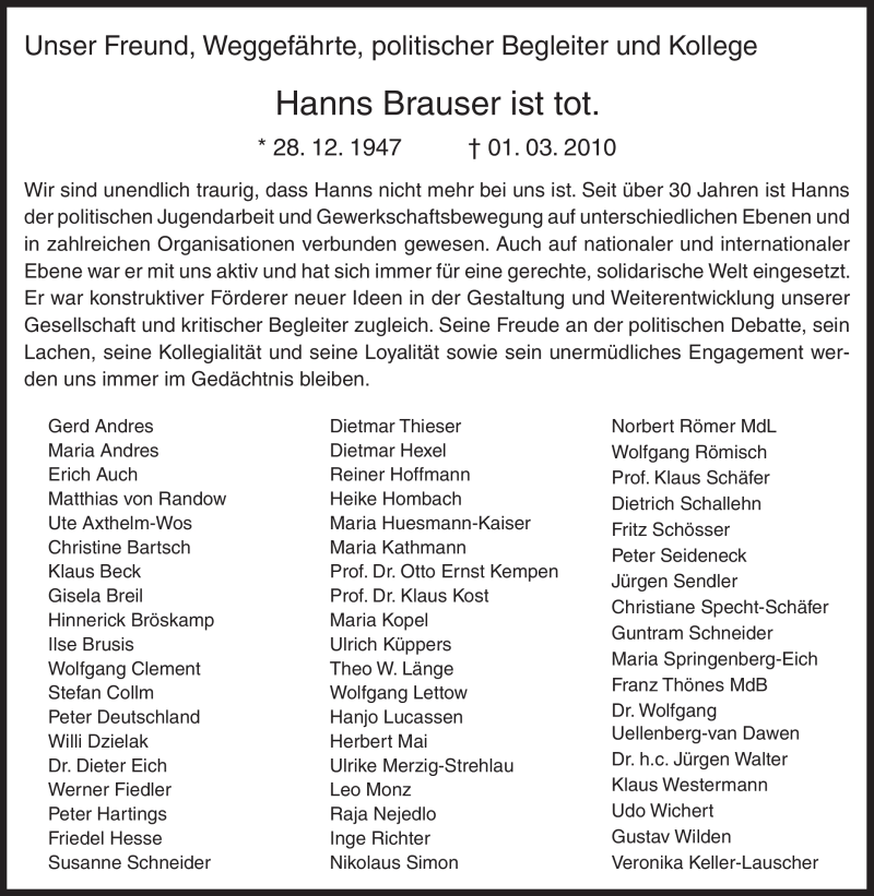  Traueranzeige für Hanns Brauser vom 06.03.2010 aus Tageszeitung