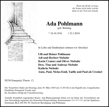 Traueranzeige von Ada Pohlmann von Tageszeitung