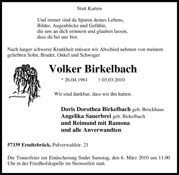 Traueranzeige von Volker Birkelbach von Tageszeitung