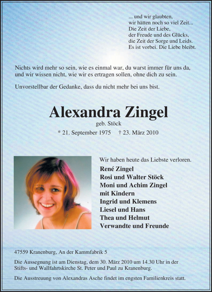  Traueranzeige für Alexandra Zingel vom 29.03.2010 aus Tageszeitung