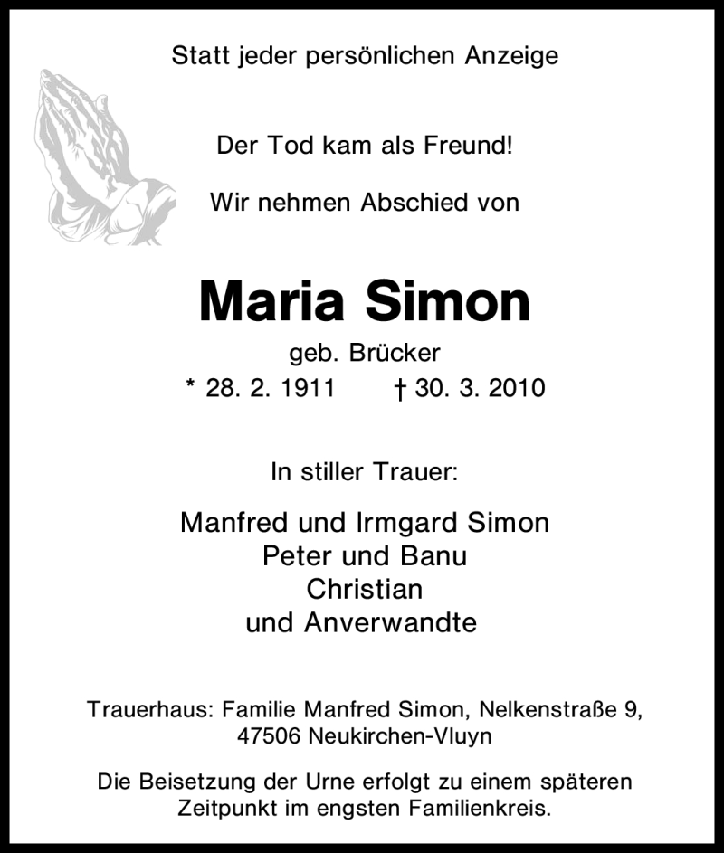  Traueranzeige für Maria Simon vom 31.03.2010 aus Tageszeitung