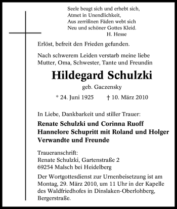 Traueranzeige von Hildegard Schulzki von Tageszeitung