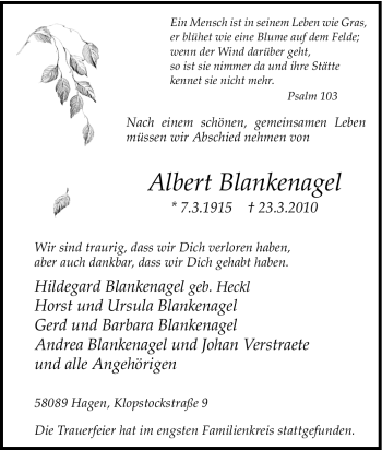 Traueranzeige von Albert Blankenagel von Tageszeitung