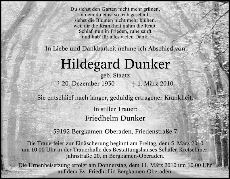  Traueranzeige für Hildegard Dunker vom 03.03.2010 aus Tageszeitung