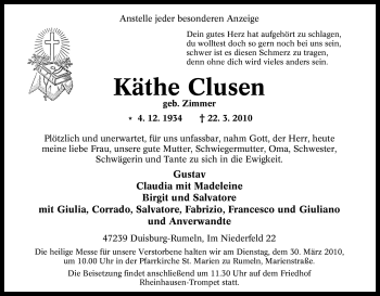 Traueranzeige von Käthe Clusen von Tageszeitung