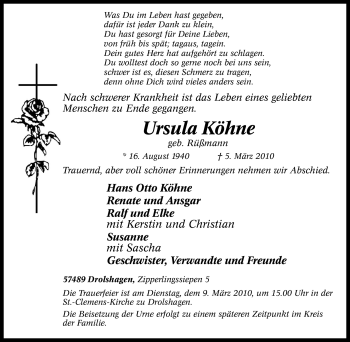 Traueranzeige von Ursula Köhne von Tageszeitung