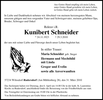 Traueranzeige von Kunibert Schneider von Tageszeitung