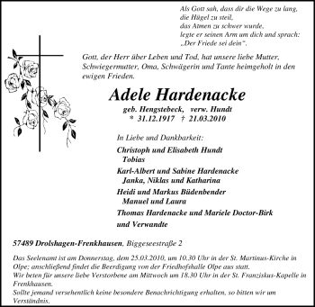 Traueranzeige von Adele Hardenacke von Tageszeitung