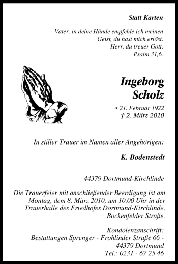 Traueranzeige von Ingeborg Scholz von Tageszeitung