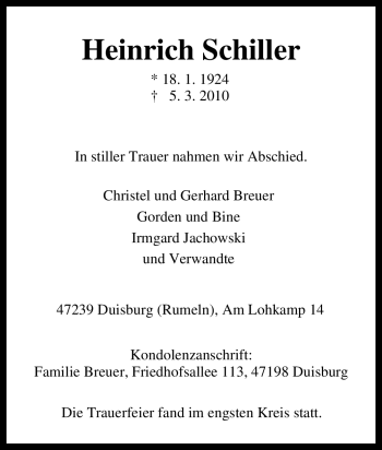 Traueranzeige von Heinrich Schiller von Tageszeitung