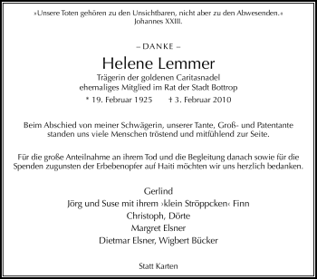 Traueranzeige von Helene Lemmer von Tageszeitung