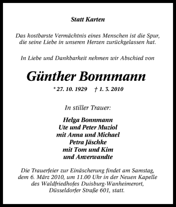 Traueranzeige von Günther Bonnmann von Tageszeitung