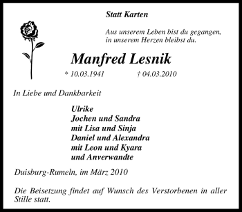 Traueranzeige von Manfred Lesnik von Tageszeitung