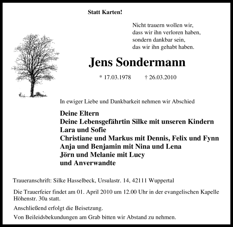  Traueranzeige für Jens Sondermann vom 31.03.2010 aus Tageszeitung