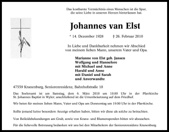 Traueranzeige von Johannes van Elst von Tageszeitung