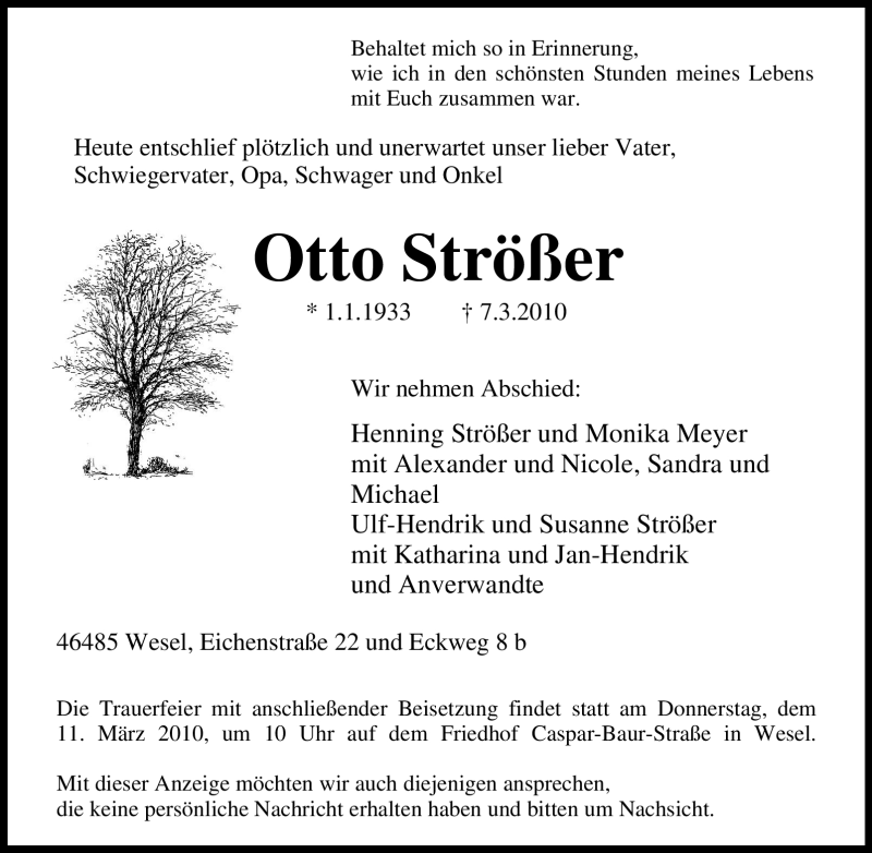  Traueranzeige für Otto Strößer vom 09.03.2010 aus Tageszeitung