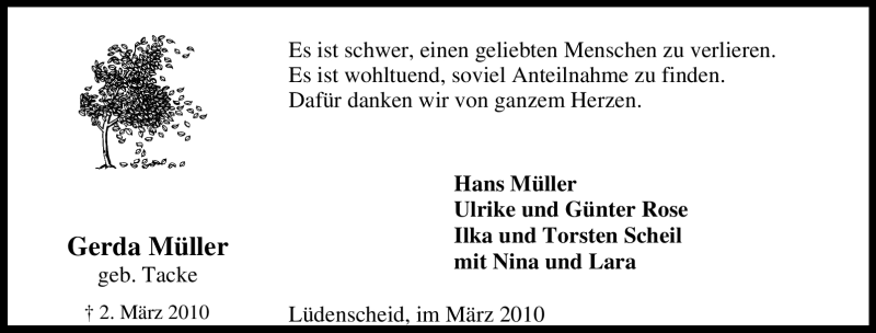  Traueranzeige für Gerda Müller vom 25.03.2010 aus Tageszeitung