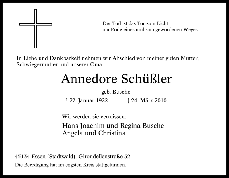  Traueranzeige für Annedore Schüßler vom 31.03.2010 aus Tageszeitung