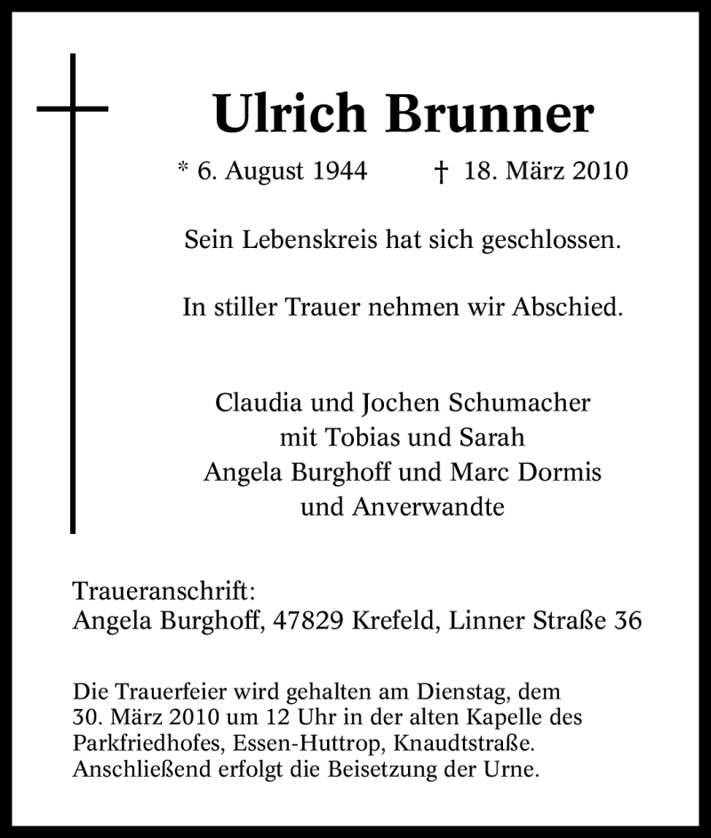  Traueranzeige für Ulrich Brunner vom 27.03.2010 aus Tageszeitung