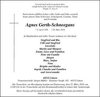 Traueranzeige von Agnes Gerth-Schneegans von Tageszeitung