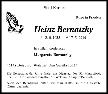 Traueranzeige von Heinz Bernatzky von Tageszeitung